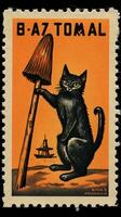 black cat hat cute Postage Stamp retro vintage 1930s Halloweens pumpkin illustration scan poster photo