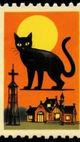 black cat hat cute Postage Stamp retro vintage 1930s Halloweens pumpkin illustration scan poster photo