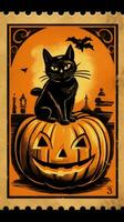 black cat hat cute Postage Stamp retro vintage 1930s Halloweens pumpkin illustration scan poster photo