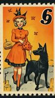 witch woman cute Postage Stamp retro vintage 1930s Halloweens pumpkin illustration scan poster photo