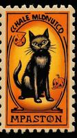 black cat hat cute Postage Stamp retro vintage 1930s Halloweens pumpkin illustration scan poster photo