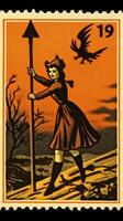 witch woman cute Postage Stamp retro vintage 1930s Halloweens pumpkin illustration scan poster photo