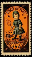 kids children cute Postage Stamp retro vintage 1930s Halloweens pumpkin illustration scan poster photo