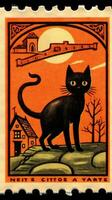 black cat hat cute Postage Stamp retro vintage 1930s Halloweens pumpkin illustration scan poster photo