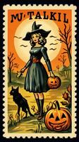 witch woman cute Postage Stamp retro vintage 1930s Halloweens pumpkin illustration scan poster photo