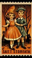 kids children cute Postage Stamp retro vintage 1930s Halloweens pumpkin illustration scan poster photo