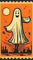 ghost spirit cute Postage Stamp retro vintage 1930s Halloweens pumpkin illustration scan poster photo