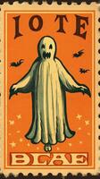 ghost spirit cute Postage Stamp retro vintage 1930s Halloweens pumpkin illustration scan poster photo