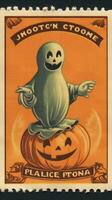 ghost spirit cute Postage Stamp retro vintage 1930s Halloweens pumpkin illustration scan poster photo