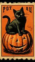 black cat hat cute Postage Stamp retro vintage 1930s Halloweens pumpkin illustration scan poster photo