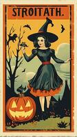 witch woman cute Postage Stamp retro vintage 1930s Halloweens pumpkin illustration scan poster photo