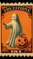 ghost spirit cute Postage Stamp retro vintage 1930s Halloweens pumpkin illustration scan poster photo