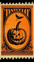 smiling pumpkin cute Postage Stamp retro vintage 1930s Halloweens paint illustration scan poster photo