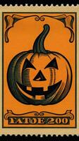 smiling pumpkin cute Postage Stamp retro vintage 1930s Halloweens paint illustration scan poster photo