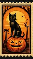 black cat hat cute Postage Stamp retro vintage 1930s Halloweens pumpkin illustration scan poster photo