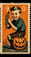 kids children cute Postage Stamp retro vintage 1930s Halloweens pumpkin illustration scan poster photo