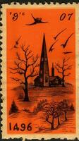 castle house bats moon cute Postage Stamp retro vintage 1930s Halloweens illustration scan poster photo