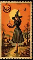 witch woman cute Postage Stamp retro vintage 1930s Halloweens pumpkin illustration scan poster photo