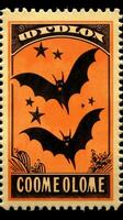 bats moon cute Postage Stamp retro vintage 1930s Halloweens pumpkin illustration scan poster photo