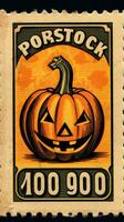 smiling pumpkin cute Postage Stamp retro vintage 1930s Halloweens paint illustration scan poster photo