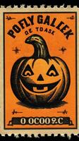 smiling pumpkin cute Postage Stamp retro vintage 1930s Halloweens paint illustration scan poster photo