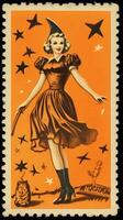 witch woman cute Postage Stamp retro vintage 1930s Halloweens pumpkin illustration scan poster photo