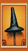 hat cap broom cute Postage Stamp retro vintage 1930s Halloweens pumpkin illustration scan poster photo