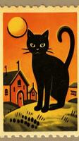 negro gato sombrero linda gastos de envío sello retro Clásico 1930 Halloween calabaza ilustración escanear póster foto