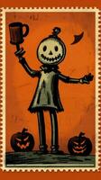 scarecrow cute Postage Stamp retro vintage 1930s Halloweens pumpkin illustration scan poster photo