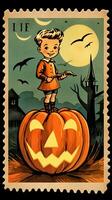 cute Postage Stamp retro vintage 1930s Halloweens pumpkin paint illustration scan poster photo