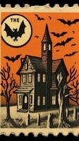 castle house bats moon cute Postage Stamp retro vintage 1930s Halloweens illustration scan poster photo