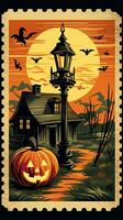 castle house bats moon cute Postage Stamp retro vintage 1930s Halloweens illustration scan poster photo