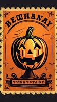 smiling pumpkin cute Postage Stamp retro vintage 1930s Halloweens paint illustration scan poster photo