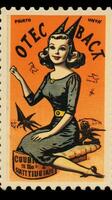 witch woman cute Postage Stamp retro vintage 1930s Halloweens pumpkin illustration scan poster photo