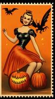 witch woman cute Postage Stamp retro vintage 1930s Halloweens pumpkin illustration scan poster photo