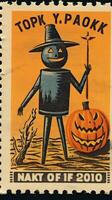 scarecrow cute Postage Stamp retro vintage 1930s Halloweens pumpkin illustration scan poster photo