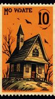 castle house bats moon cute Postage Stamp retro vintage 1930s Halloweens illustration scan poster photo