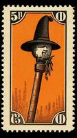 hat cap broom cute Postage Stamp retro vintage 1930s Halloweens pumpkin illustration scan poster photo