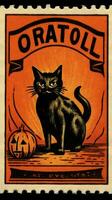 black cat hat cute Postage Stamp retro vintage 1930s Halloweens pumpkin illustration scan poster photo