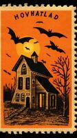 castillo casa murciélagos Luna linda gastos de envío sello retro Clásico 1930 Halloween ilustración escanear póster foto