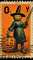 scarecrow cute Postage Stamp retro vintage 1930s Halloweens pumpkin illustration scan poster photo