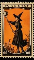 witch woman cute Postage Stamp retro vintage 1930s Halloweens pumpkin illustration scan poster photo