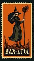 witch woman cute Postage Stamp retro vintage 1930s Halloweens pumpkin illustration scan poster photo