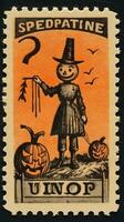 scarecrow cute Postage Stamp retro vintage 1930s Halloweens pumpkin illustration scan poster photo