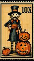 espantapájaros linda gastos de envío sello retro Clásico 1930 Halloween calabaza ilustración escanear póster foto