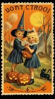 kids children cute Postage Stamp retro vintage 1930s Halloweens pumpkin illustration scan poster photo