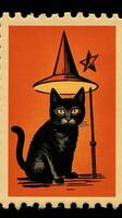 black cat hat cute Postage Stamp retro vintage 1930s Halloweens pumpkin illustration scan poster photo