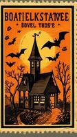 castle house bats moon cute Postage Stamp retro vintage 1930s Halloweens illustration scan poster photo