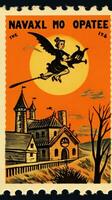 bruja mujer linda gastos de envío sello retro Clásico 1930 Halloween calabaza ilustración escanear póster foto