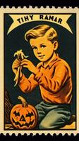 kids children cute Postage Stamp retro vintage 1930s Halloweens pumpkin illustration scan poster photo